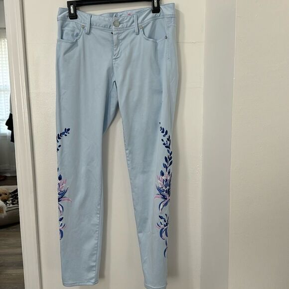 Lilly Pulitzer Light Blue Skinny Pants with Purple Floral Design - Picture 1 of 11